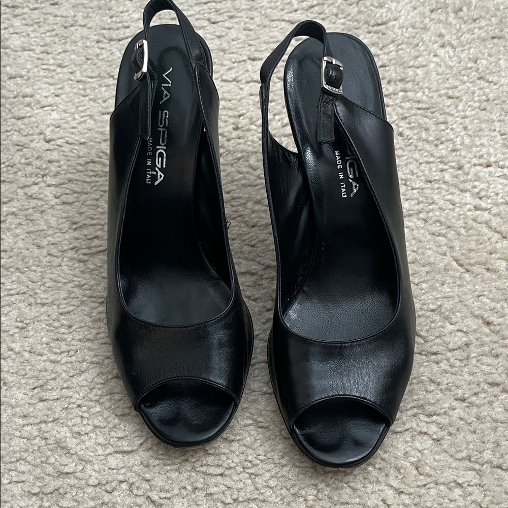 Via Spiga Black Peep-Toe Slingback Heels